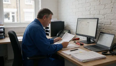 Technician in blue uniform checking invoices on a desk with a white brick wall and computer