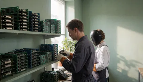 Technician working on TV circuits in a well-lit workshop with organized shelves and green walls