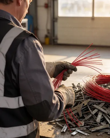 Worker in a recycling shop separates red cables from fragmented metal under sunlight.