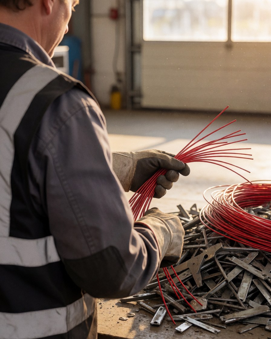 Worker in a recycling shop separates red cables from fragmented metal under sunlight.