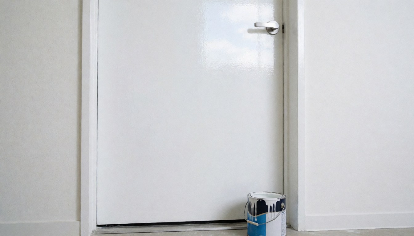 A freshly painted white door with a synthetic paint bucket on the threshold, white walls, and sky reflection, ideal for house painters.