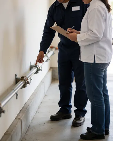Technician and client reviewing newly installed gas pipe in garage with metal supports and clipboard