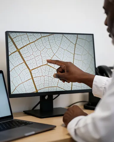 A customer points to a detailed macro image of leaf veins displayed on a computer screen against a white background.
