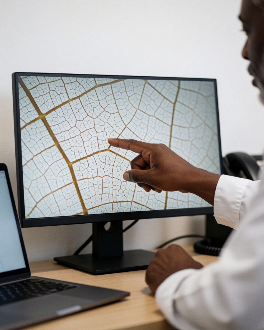 A customer points to a detailed macro image of leaf veins displayed on a computer screen against a white background.