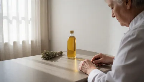 Bottle of sesame oil on a wooden massage table surrounded by herbs in soft morning light, suitable for an ayurvedic spa center.