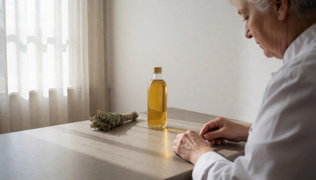 Bottle of sesame oil on a wooden massage table surrounded by herbs in soft morning light, suitable for an ayurvedic spa center.