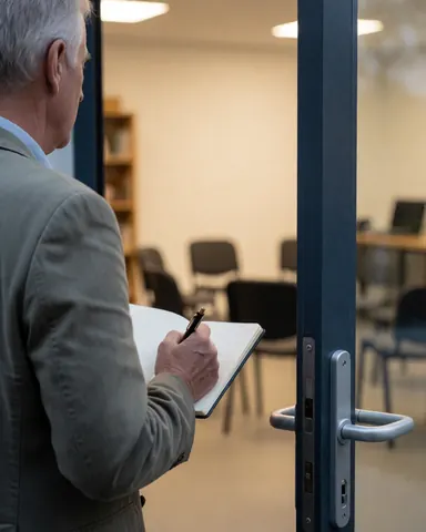 A man holding a notebook and pen walks through a glass door into a warm, circular seating area for a writing class.