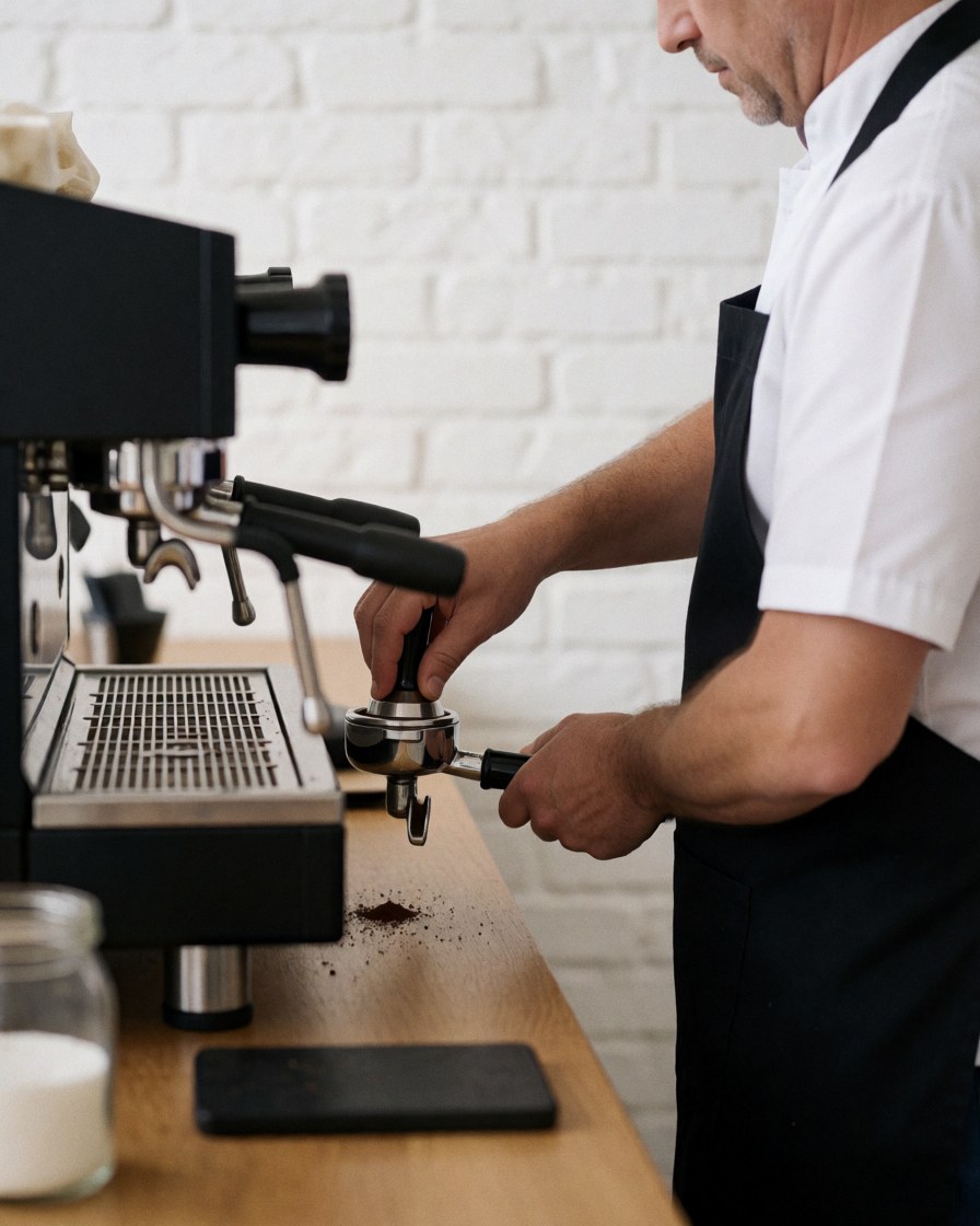 Close-up of a barista tamping espresso grounds into a portafilter on a wooden counter with an espresso machine and white brick wall in the background