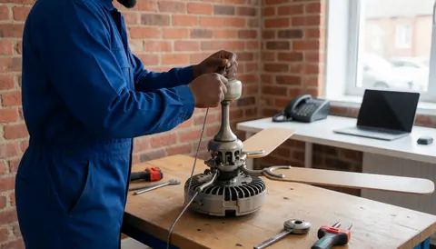 Technician in blue uniform using tools to repair a fan motor on a wooden table in a workshop with a brick wall background