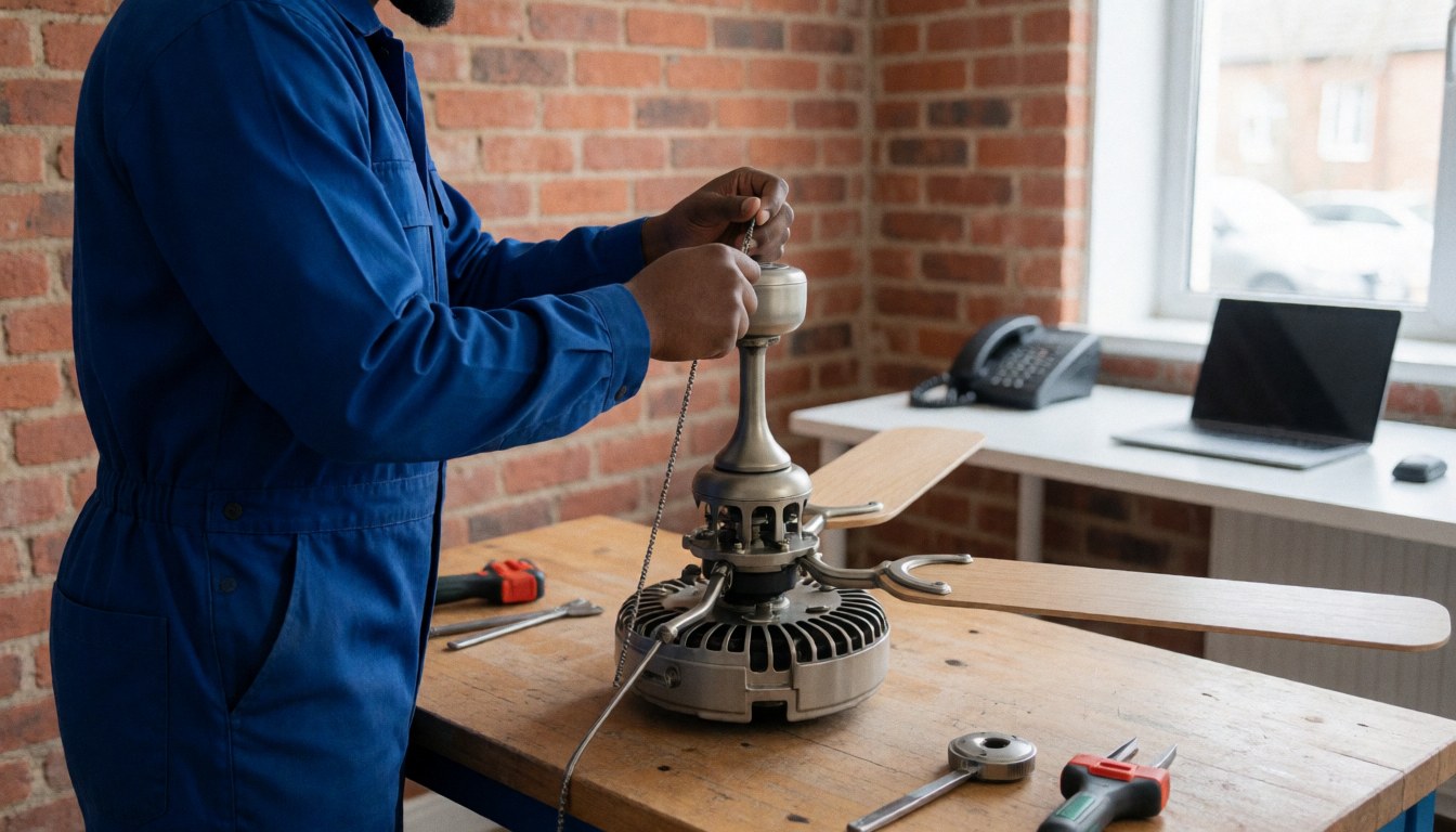 Technician in blue uniform using tools to repair a fan motor on a wooden table in a workshop with a brick wall background