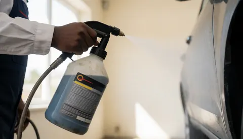 Technician spraying industrial cleaner on a car panel in a workshop with warm white walls and natural light