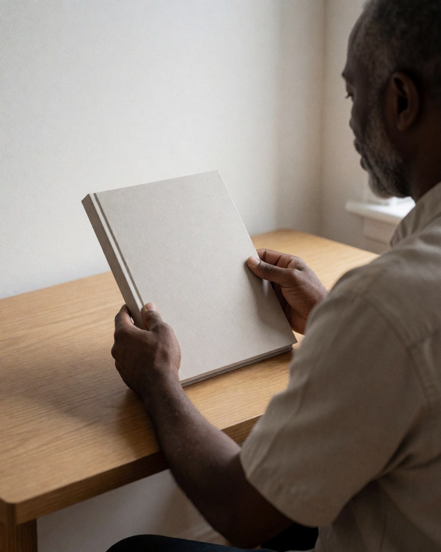 A client examines a photo book on a wooden desk in a bright office with white walls and natural light.