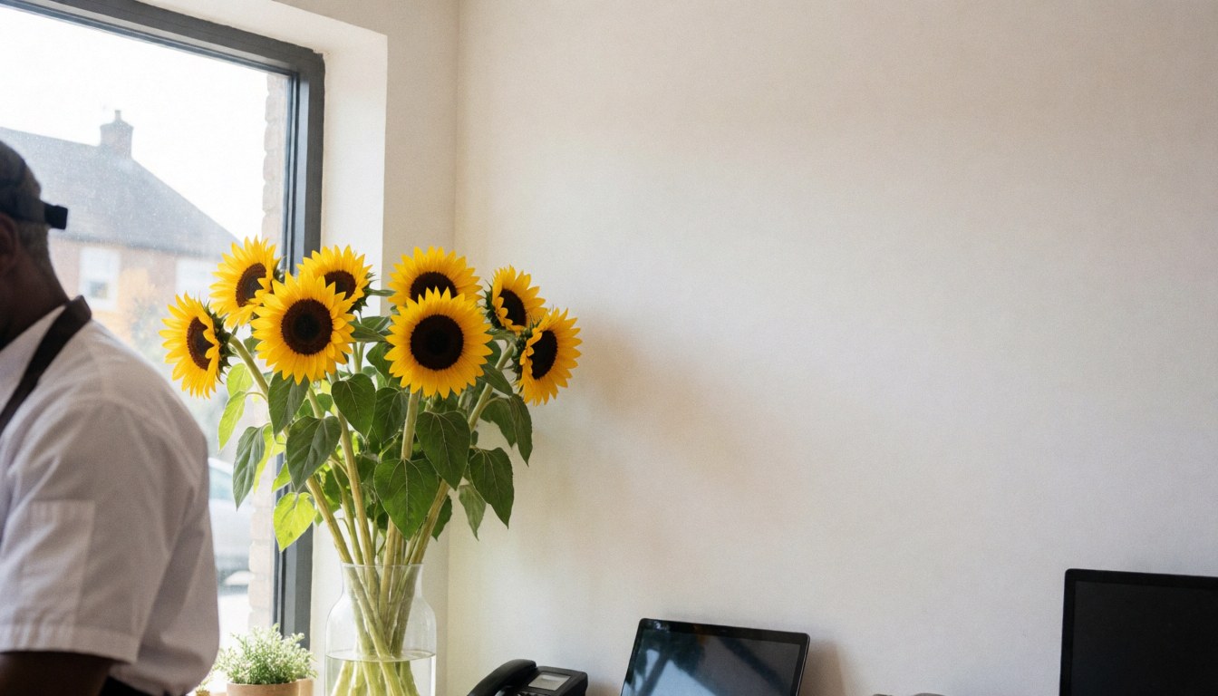 A vase filled with sunflowers sits on a surface near a window with natural light and white wall space for text.