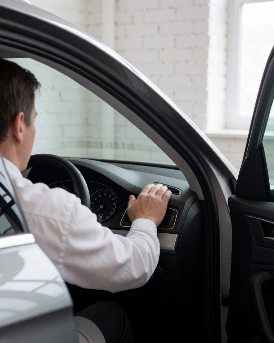 Close-up of a customer's hand touching the leather dashboard inside a clean car at an auto wash facility with a white brick wall background