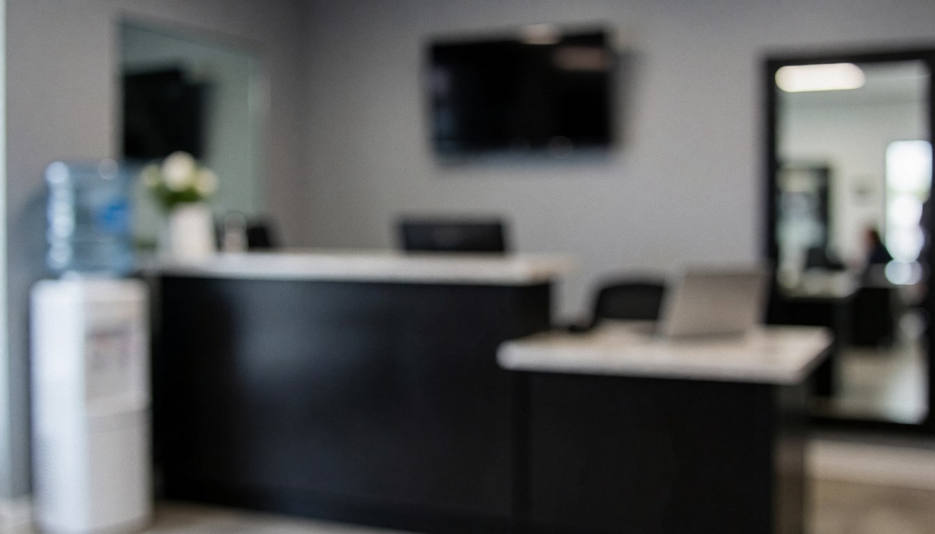 Empty gym reception desk with a large mirror and water bottle, suitable for text overlay