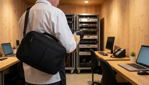 Professional photographer holding a camera and wearing a shoulder bag in a studio with wooden walls and audiovisual equipment