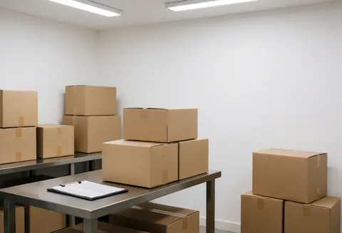 Cardboard boxes stored in a freight warehouse with a metal table, shipping board, white walls, and LED lights.