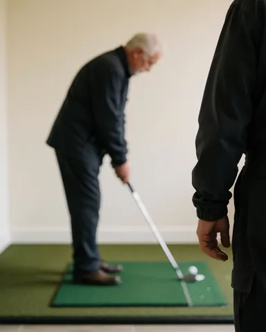 Golf instructor observing an older client practicing their swing on a green indoor mat with light walls.