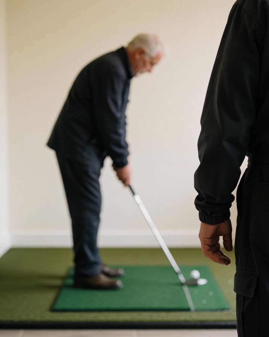 Golf instructor observing an older client practicing their swing on a green indoor mat with light walls.