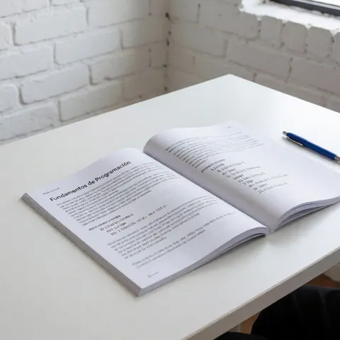 Open coding textbook displaying source code and Spanish text on a white table with a white brick wall background