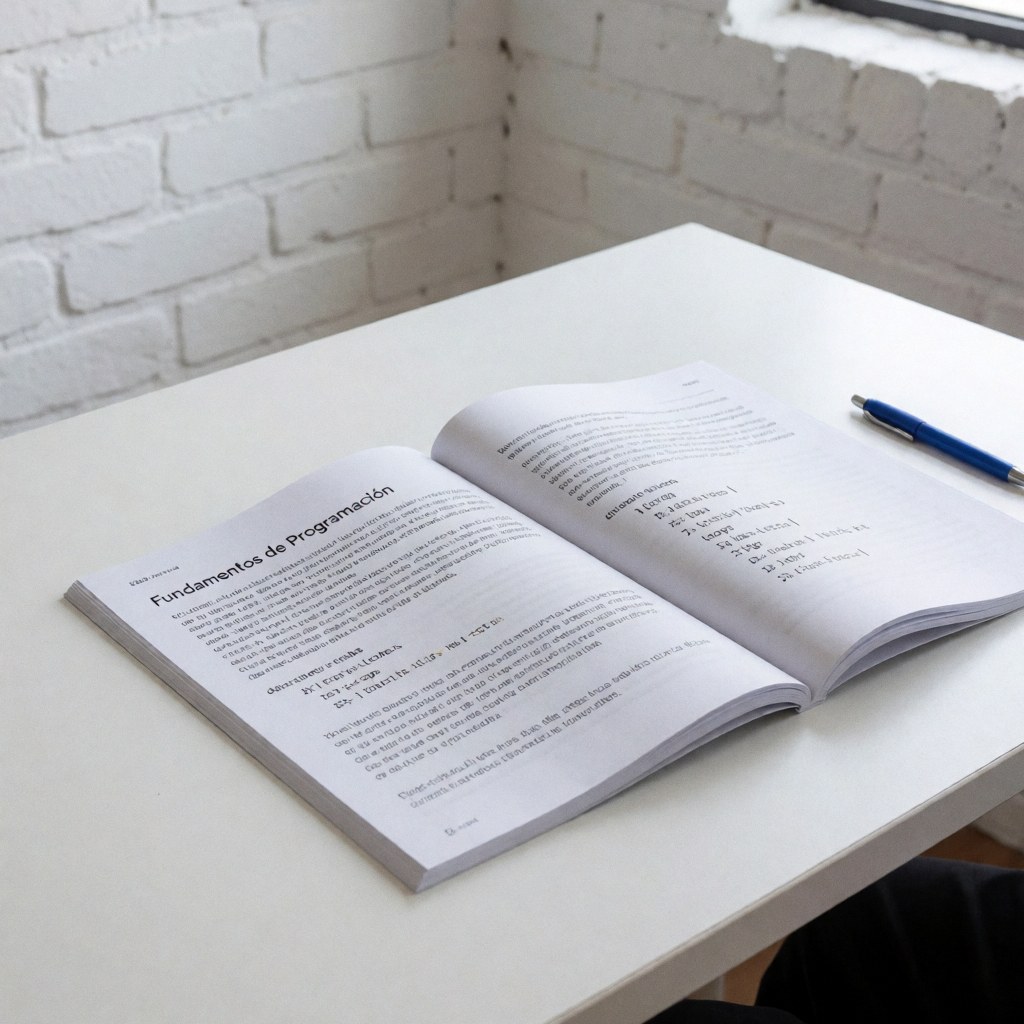 Open coding textbook displaying source code and Spanish text on a white table with a white brick wall background