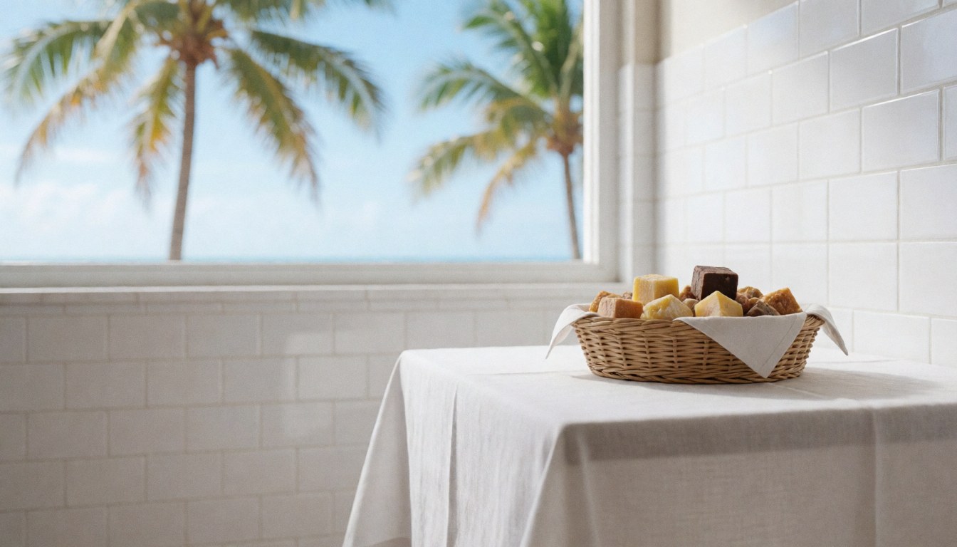 A basket of sweets sits on a white tablecloth against white tiled walls with a view of the sea and palm trees.