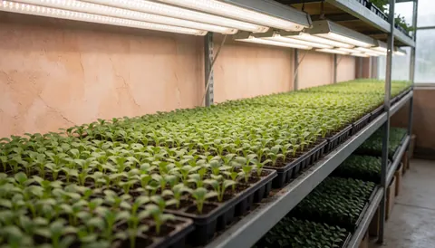 Green seedlings growing on shelves under artificial grow lights in a greenhouse setting for gardening businesses