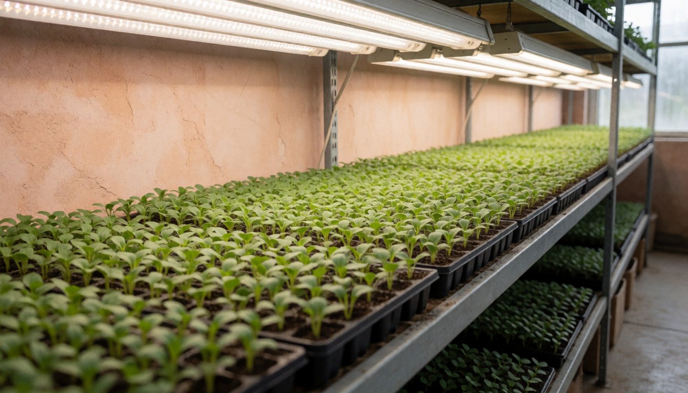 Green seedlings growing on shelves under artificial grow lights in a greenhouse setting for gardening businesses