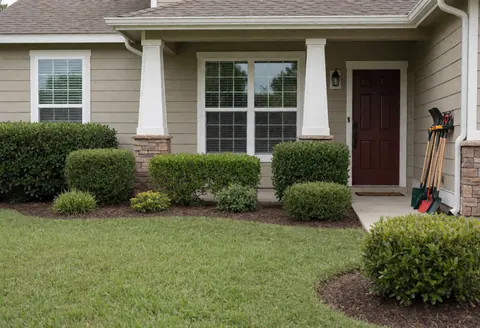 A well-maintained front yard with green grass, neatly trimmed shrubs, and gardening tools on the porch, ideal for landscaping services.