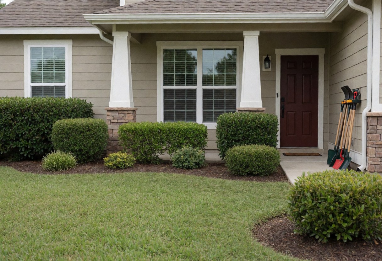 A well-maintained front yard with green grass, neatly trimmed shrubs, and gardening tools on the porch, ideal for landscaping services.