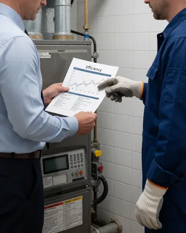 Technician and client reviewing a boiler efficiency report with charts in a room with white tiled walls