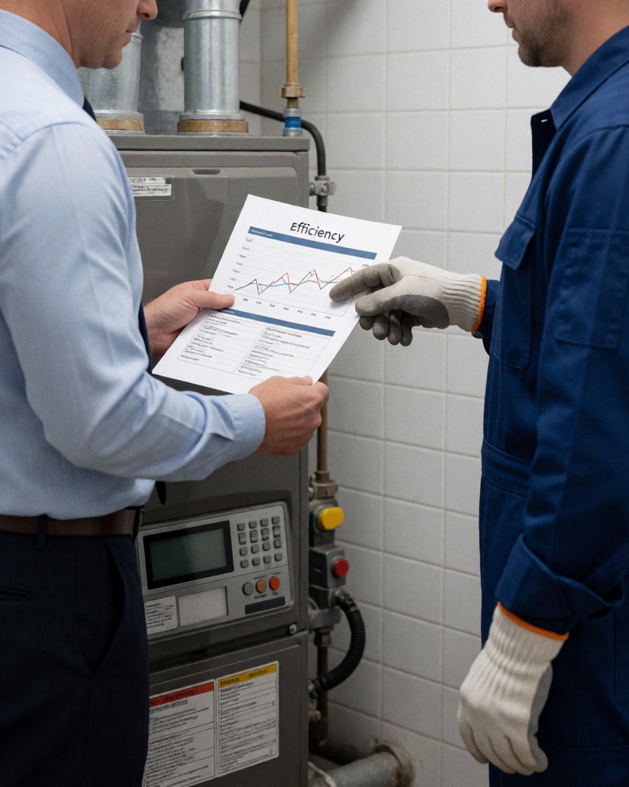 Technician and client reviewing a boiler efficiency report with charts in a room with white tiled walls