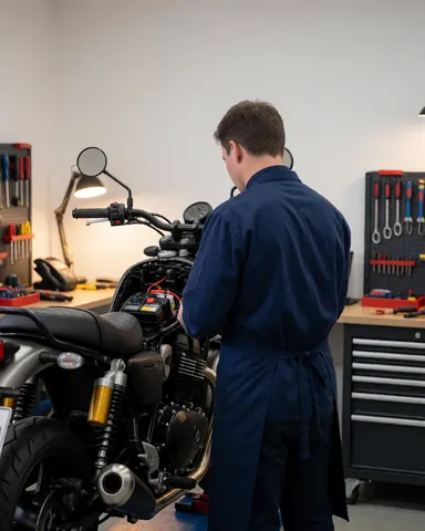 Technician repairing motorcycle electrical system with exposed battery and organized tools in a workshop setting