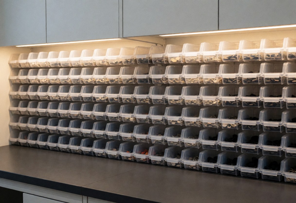 Transparent storage boxes filled with electronic components on a gray workbench under warm lighting, suitable for a console repair shop interior.