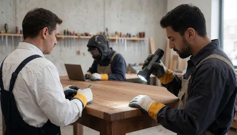 Two carpenters inspect a wooden table using a flashlight in a workshop with tool shelves and concrete walls