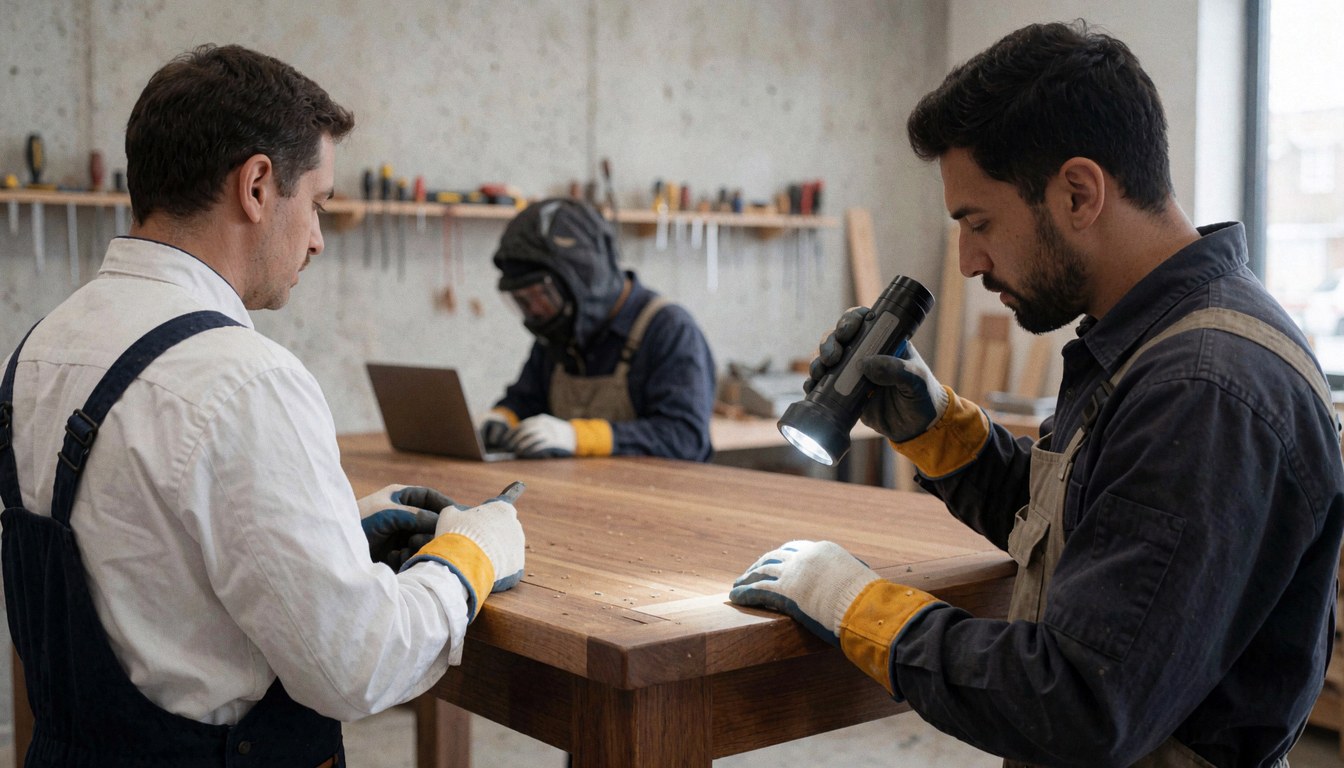 Two carpenters inspect a wooden table using a flashlight in a workshop with tool shelves and concrete walls