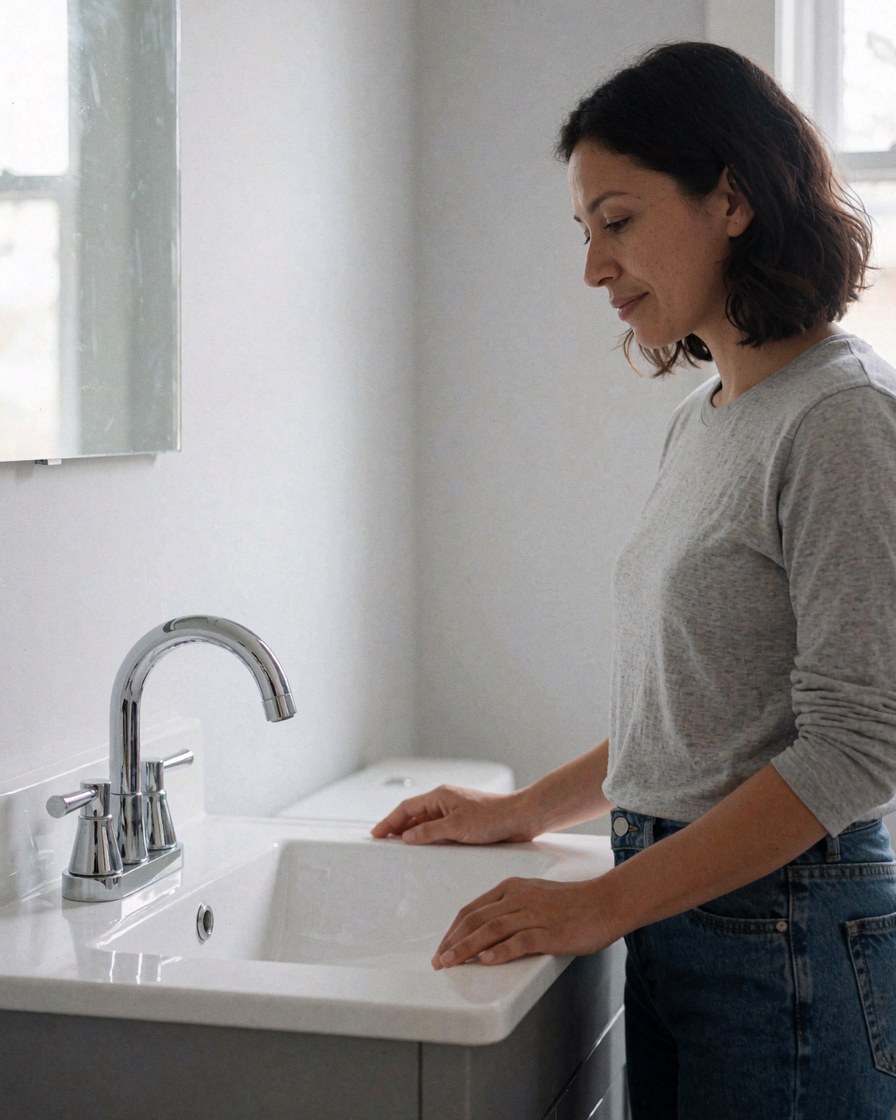 A happy woman looks at a new chrome faucet in a clean bathroom with light gray walls