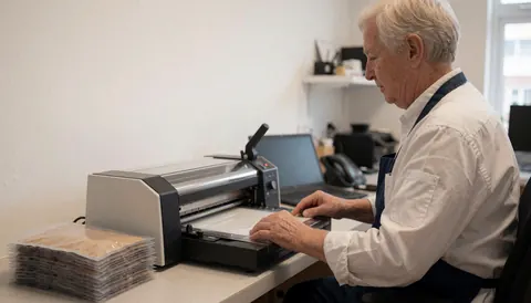 An older man operates a laminating machine in a clean, well-lit office with a stack of plastic pouches nearby.