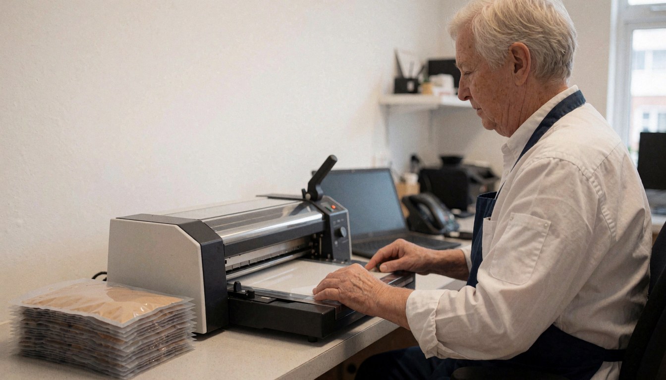 An older man operates a laminating machine in a clean, well-lit office with a stack of plastic pouches nearby.