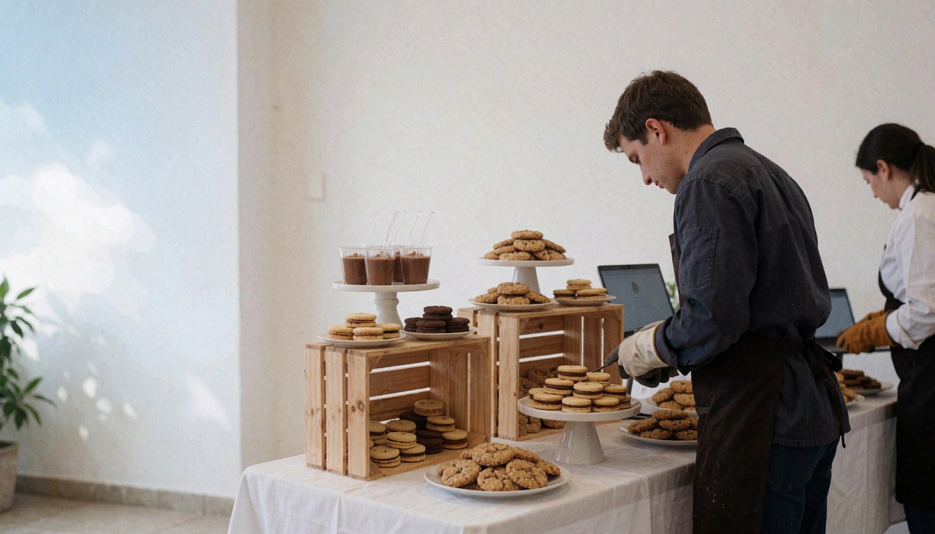 Party coordinator serving alfajores and mazamorra on a table with wooden boxes and white walls