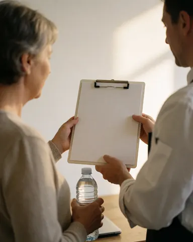 A fitness trainer holds a blank clipboard while consulting with a female client in a bright, professional setting with natural light.