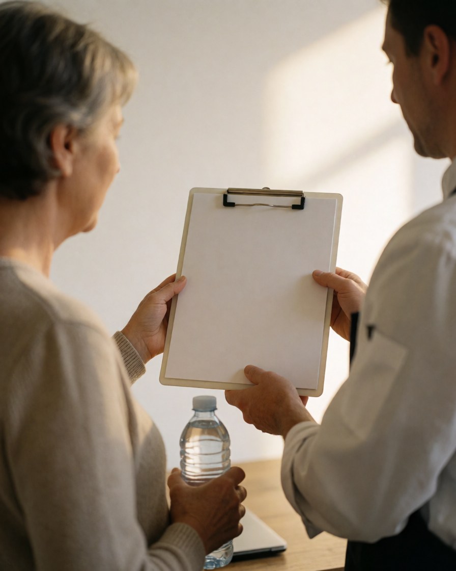 A fitness trainer holds a blank clipboard while consulting with a female client in a bright, professional setting with natural light.