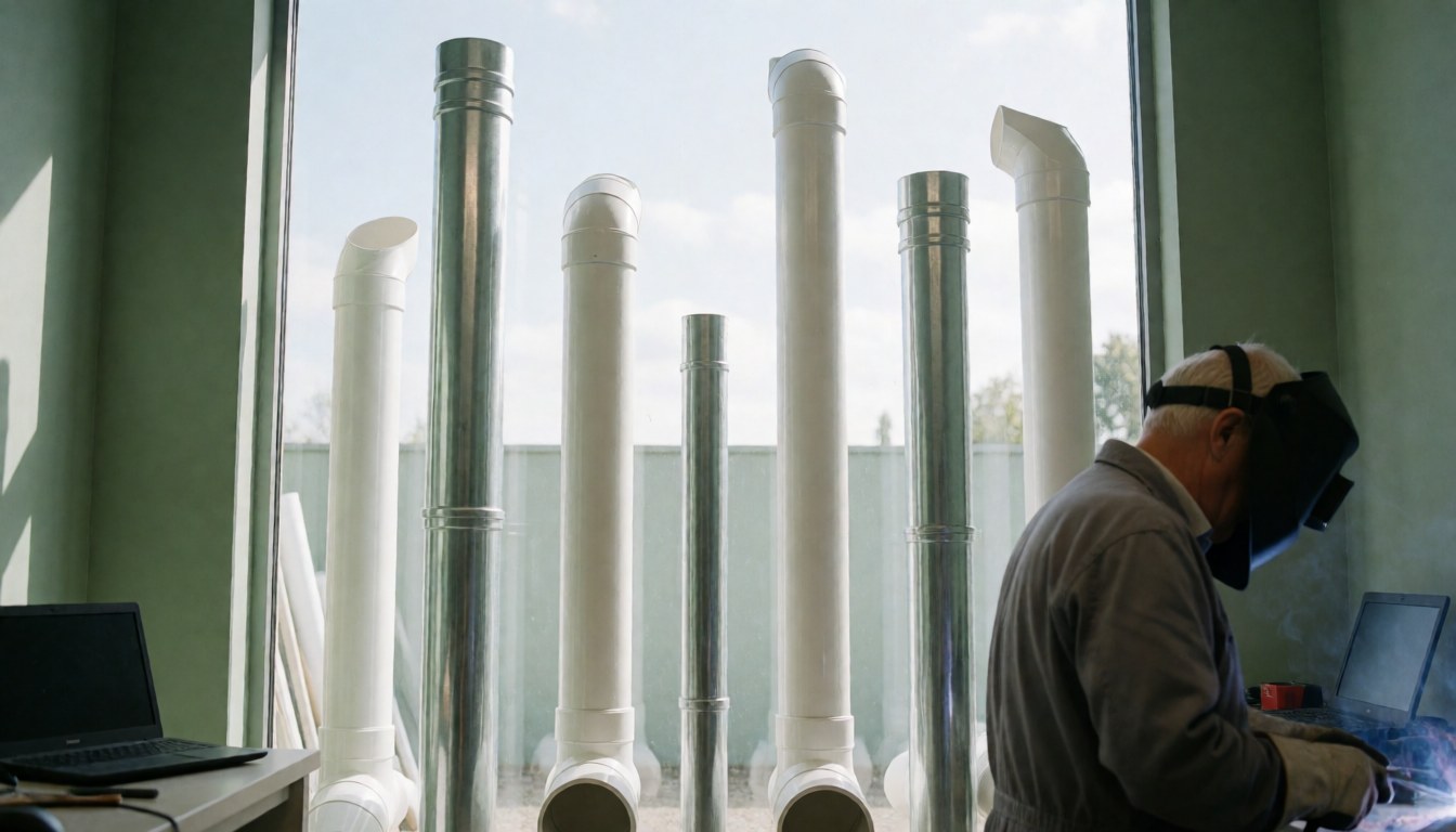 A welder wearing a helmet works with PVC and metal pipes in a workshop with green walls and natural light.