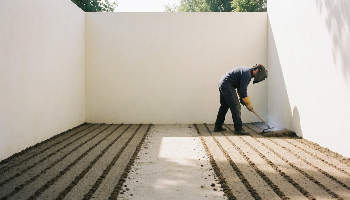 A gardener uses a leveling tool on newly seeded soil in a garden with white walls and morning light.