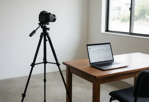 Tripod-mounted camera positioned against a white backdrop in a training studio with a laptop displaying motion graphics, white walls, and concrete floor.