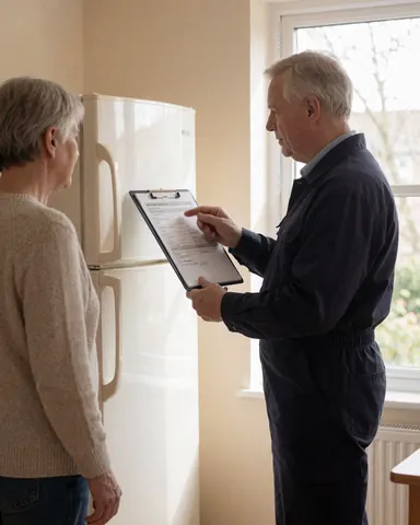 Technician with clipboard explains refrigerator repair to client in living room with natural light and beige walls