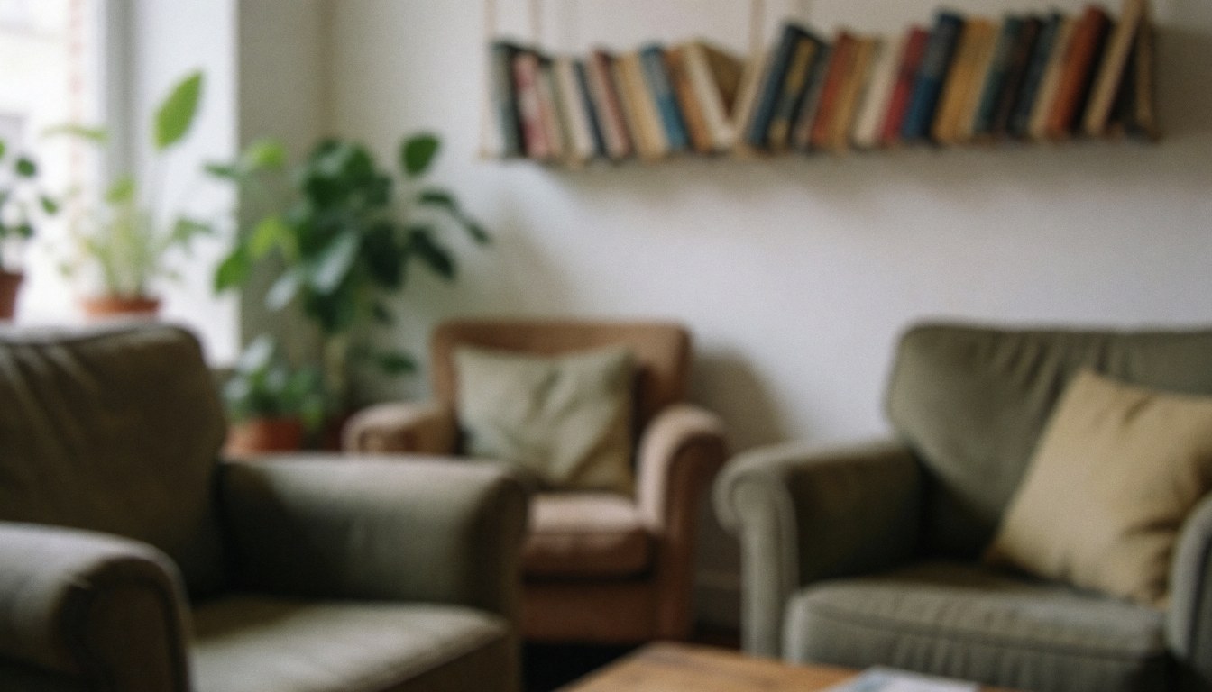 Cozy living room background featuring upholstered armchairs, a floating bookshelf, and green plants, ideal for bed and breakfast hospitality text overlays.