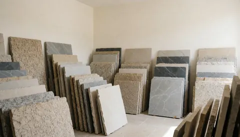 Stacks of natural stone samples in beige and gray tones displayed in a store with painted walls and tiled flooring under natural light