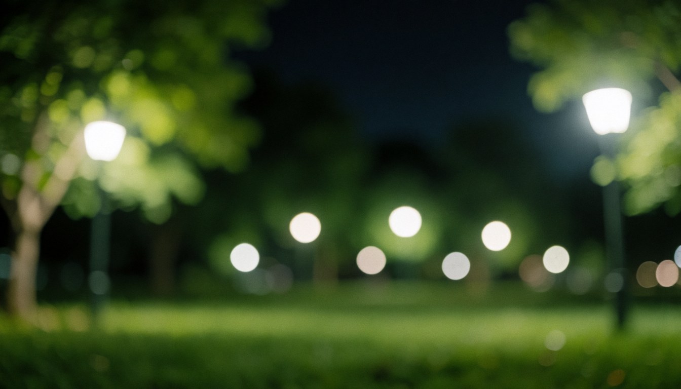 Blurred street lights in a night park with green leaves and dark sky, suitable for artistic photography text overlays