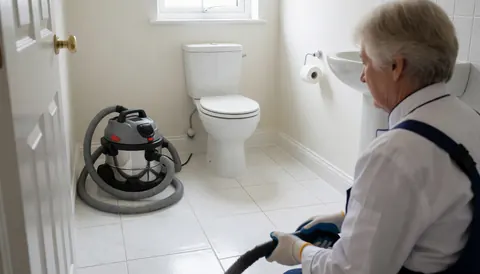 Plumber wearing gloves and holding tools working in a new bathroom with white tile floor and shiny fixtures.
